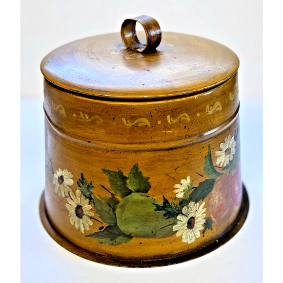 Vintage Painted Large Tin Folk Art Toleware Hand Painted Primitive Storage Metal - Picture 1 of 11